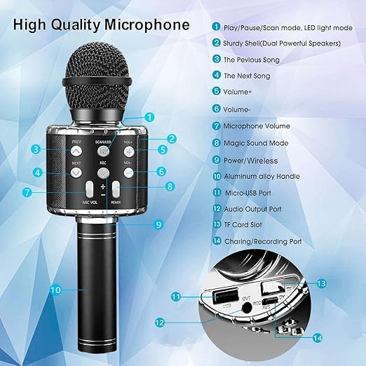 Karaoke Microphone, 4 in 1 Wireless Microphone Compatible with Android & iOS Devices